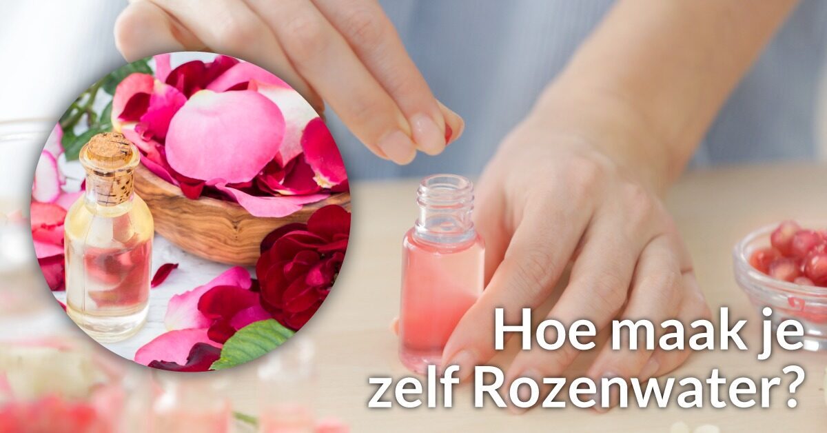 Rozenblaadjes rozenwater flesjes handen vrouw